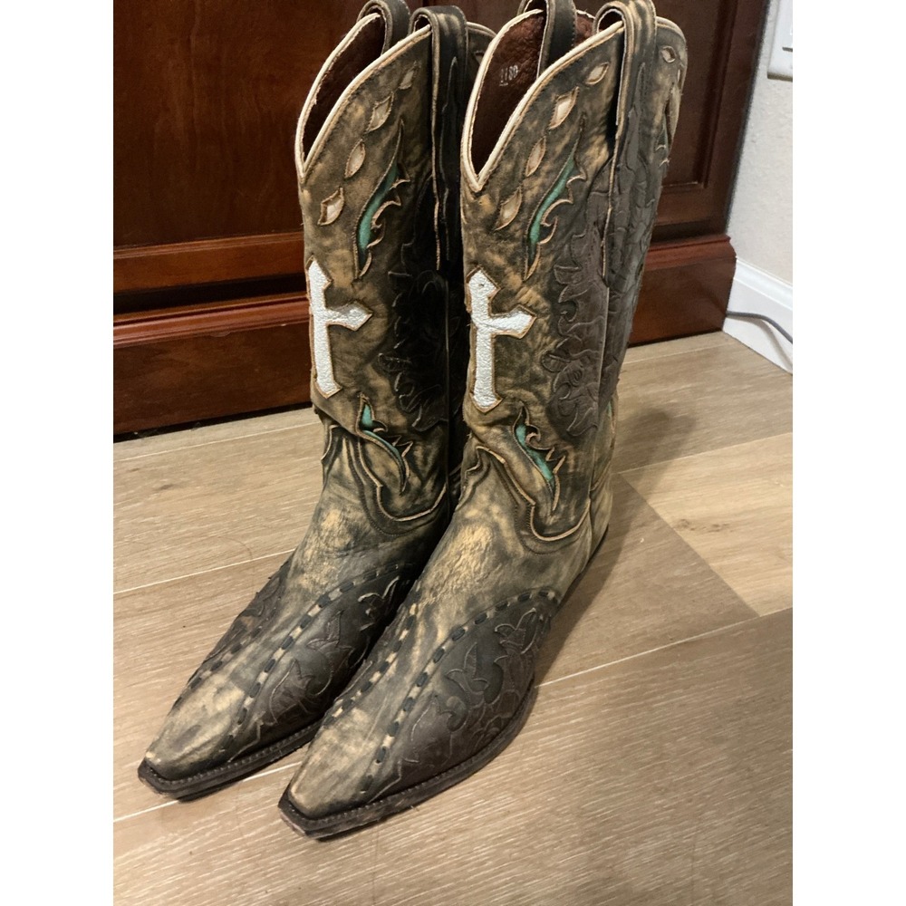 Dan Post Boots Western Brown Distressed Leather Silver Cross Snip Toe Size 10
